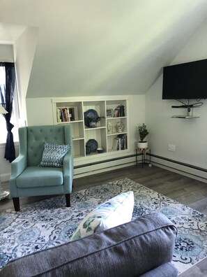 TV, fireplace, DVD player, books