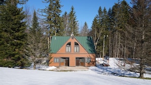 Eine Holzhütte mit grünem Dach, Holzverkleidung und einer Veranda.