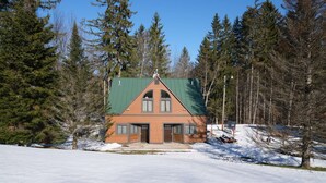 A cabin with a green roof, wooden siding, and a front porch. - ☆ SKI ON & OFF ☆ Spruce Glen B on Great Eastern Trail w/AC, Fireplace, Sauna (Killington)