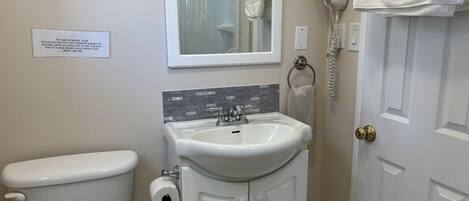 A bathroom with a toilet, sink, and a mirror. There is a sign on the wall and a hairdryer on the wall.