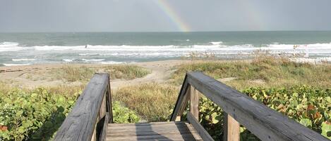 On the beach, sun-loungers, beach towels