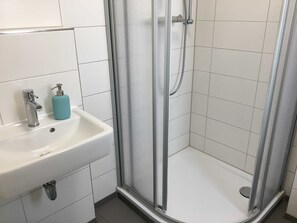 Ducha, secador de pelo, jabón y papel higiénico