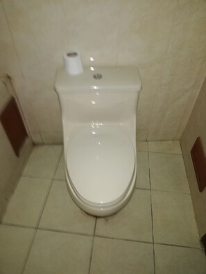 Un inodoro con asiento y tapa blancos, un rollo de papel higiénico encima y un suelo de baldosas.