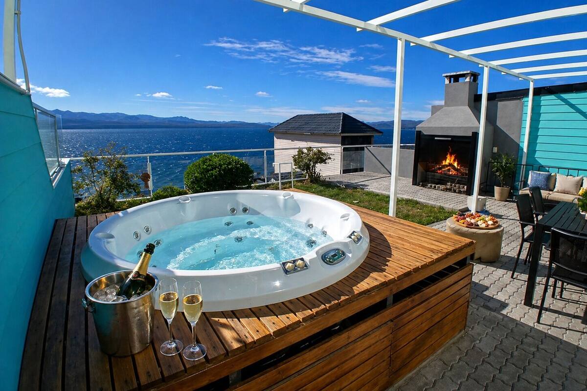 Uma banheira de hidromassagem com champanhe, lareira e vista para o mar.