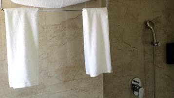 Shower, rainfall showerhead, hair dryer, slippers