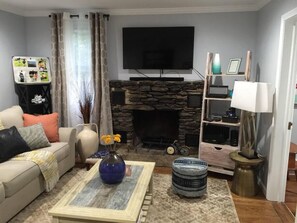 TV, fireplace, toys