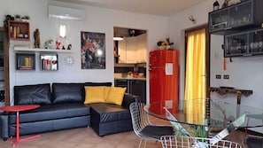 TV connectée, cheminée, lecteur de DVD, livres