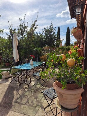 An outdoor patio with a glass table and chairs, surrounded by potted plants and a stone floor.
