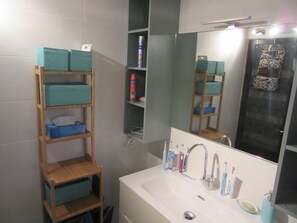 Shower, hair dryer, towels, toilet paper