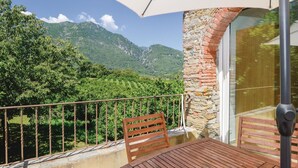 Un balcone con tavolo e sedie in legno, affacciato su una rigogliosa vigna e montagne.
