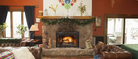 Smart TV, chimenea, reproductor de DVD, libros