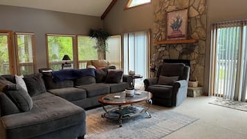 TV connectée, cheminée, lecteur de DVD, livres