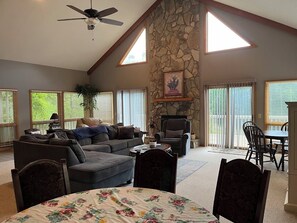 Smart TV, chimenea, reproductor de DVD y libros 