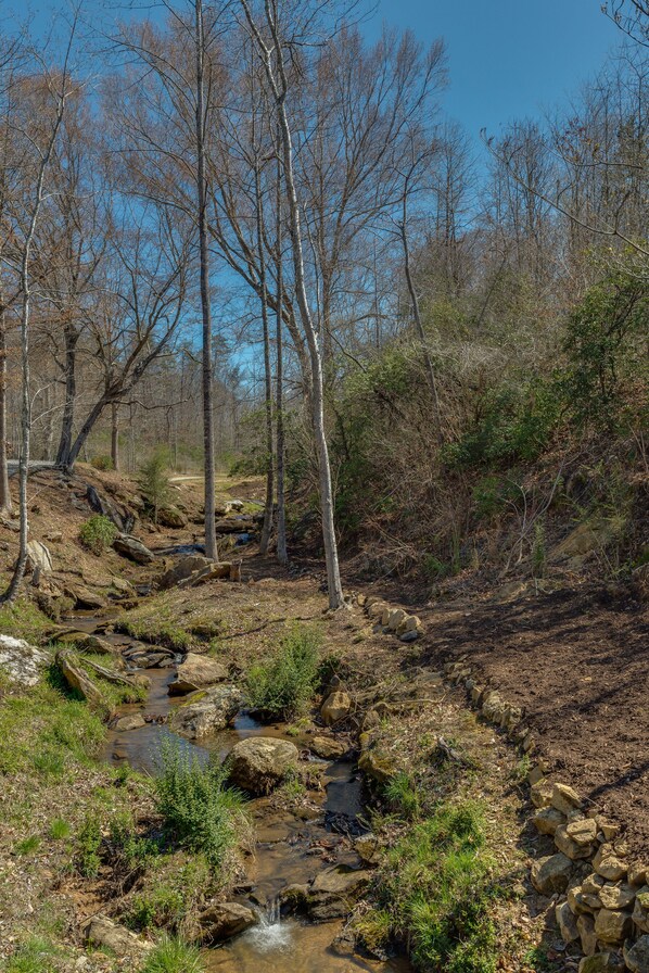 A natural landscape with a stream, rocky terrain, and trees.
