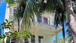 A multi-story building with balconies, surrounded by lush greenery and palm trees.