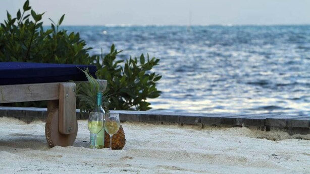 A beachside setting with a wooden bench, a pineapple, and two glasses of a yellow beverage, overlooking the ocean.