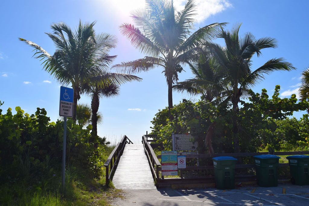 A wooden pathway leading to a beach area with palm trees and a disabled parking sign.