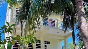A multi-story building with balconies, surrounded by lush greenery and palm trees. - Villa, Pool, AC, Dock and Beach access Paddle boards (Caye Caulker)