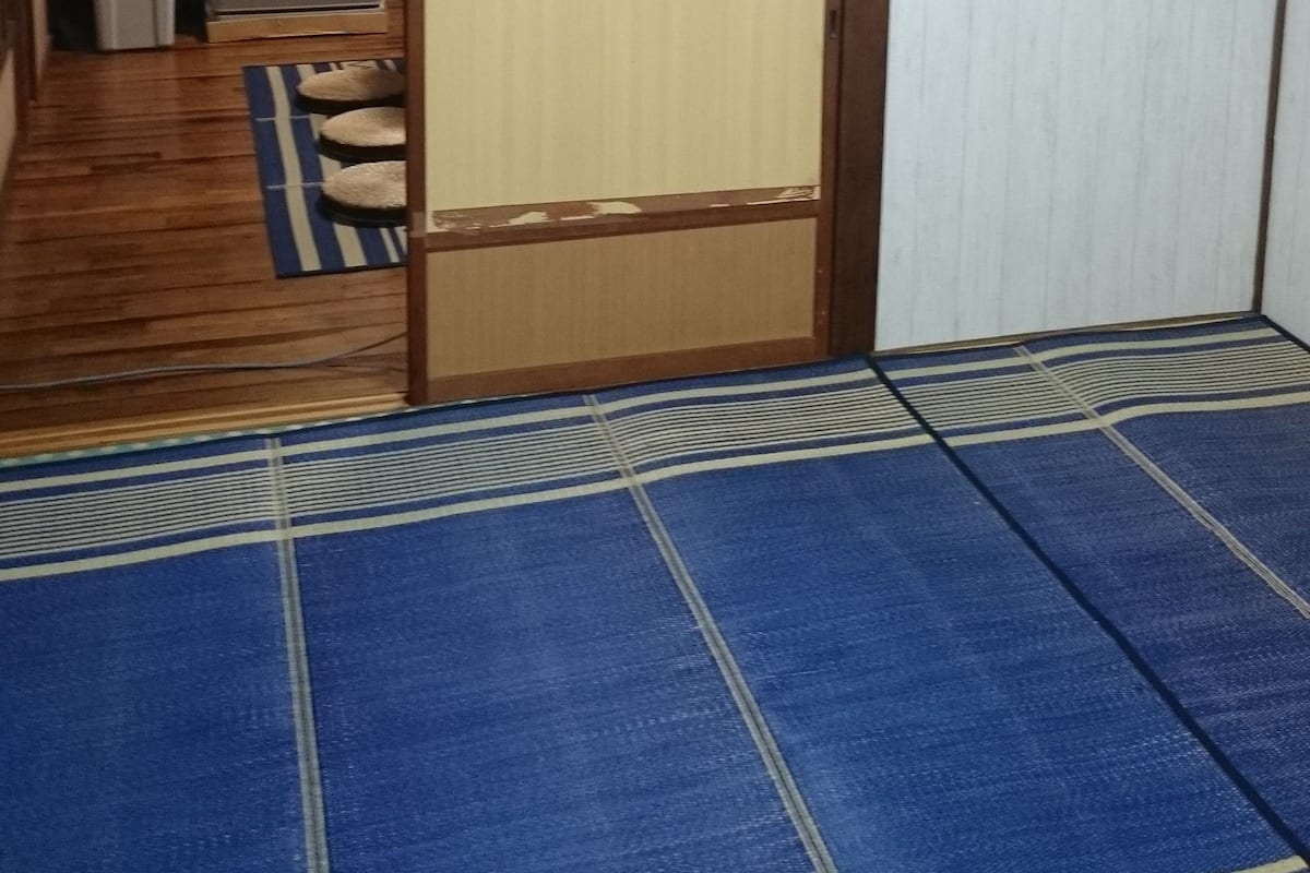 A room with a sliding door, a blue carpet, and a ceiling fan.