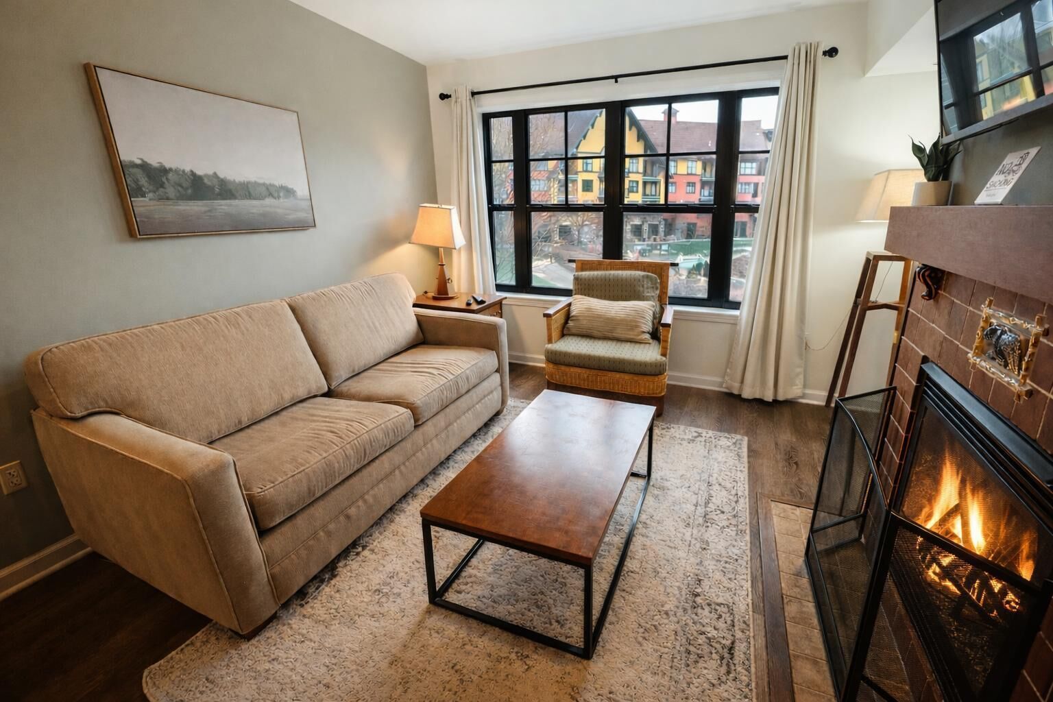 Smart TV, fireplace, foosball