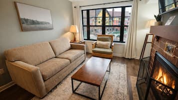 Smart TV, fireplace, foosball