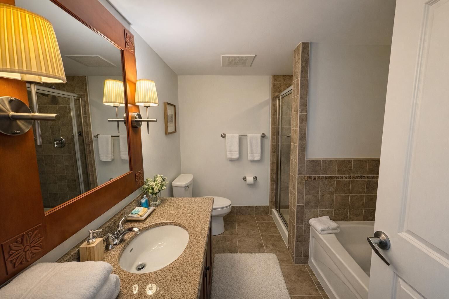 Hair dryer, towels, shampoo, toilet paper