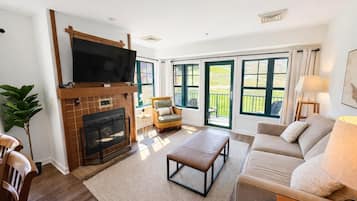 Smart TV, fireplace, foosball