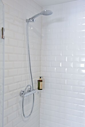 Chuveiro, secador de cabelo, toalhas de banho 
