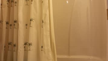 Combined shower/bathtub, hair dryer, towels, soap