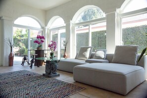 A spacious living area with a large window, a sofa, a coffee table, and decorative plants.