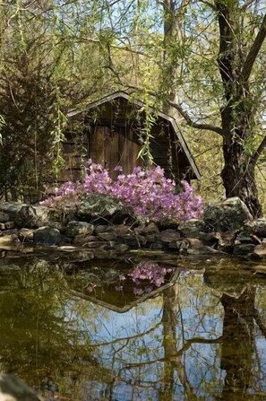 Una estructura de madera rústica rodeada de rocas y flores moradas, reflejada en aguas tranquilas.