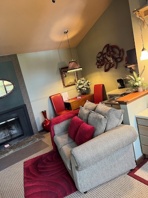TV, fireplace, DVD player, books
