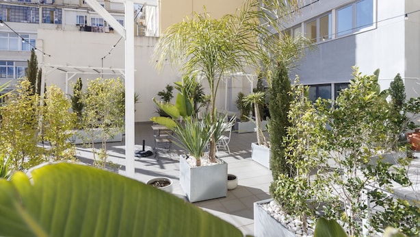 A courtyard with potted plants, outdoor seating, and a building with balconies. - Cosmopolitan Comfort in Lisbon (4A)- by Misha's Pl (Lisboa ciudad)