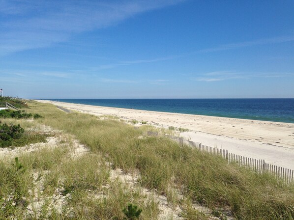 Une plage avec une clôture en bois, des dunes de sable et un ciel bleu dégagé.