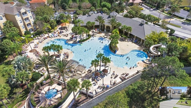 An aerial view of a resort with a large central pool, multiple smaller pools, and a variety of sun loungers and umbrellas. - 6BR Family Retreat Near Disney | Pool + Arcade + Resort Access (Kissimmee)