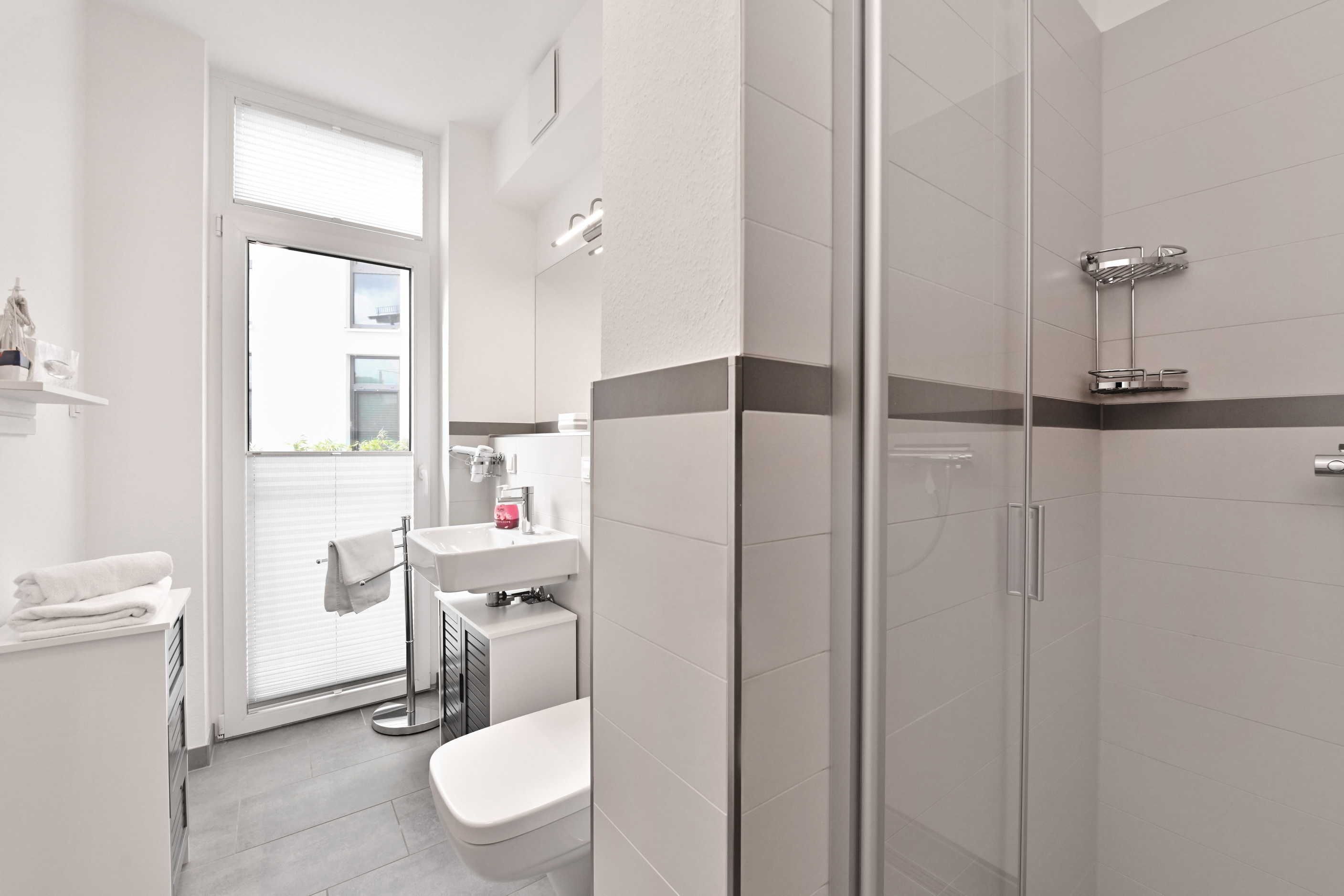 A modern bathroom with a glass shower enclosure, a white sink, and a toilet.