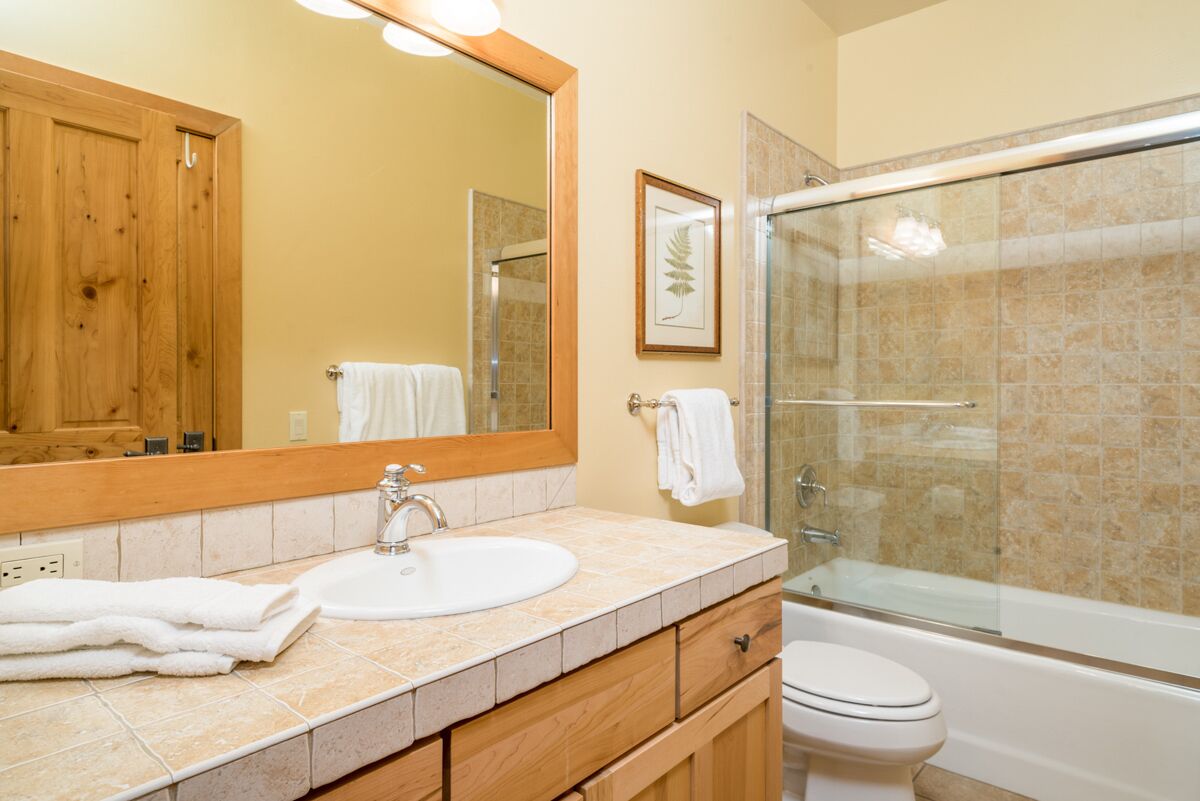 Une salle de bain avec un meuble-lavabo en bois, un évier, des toilettes et une douche à parois de verre.