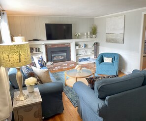 Smart TV, fireplace, books