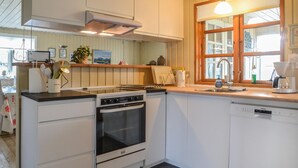 Eine kompakte Küche mit Herd, Backofen, Spüle und Geschirrspüler. Ein Fenster mit Holzrahmen und eine Pendelleuchte sind vorhanden.