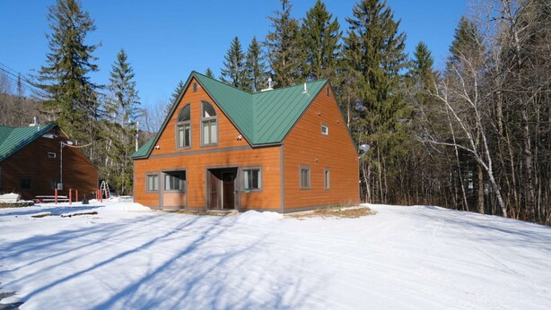 A wooden cabin with a green roof, surrounded by snow and trees.