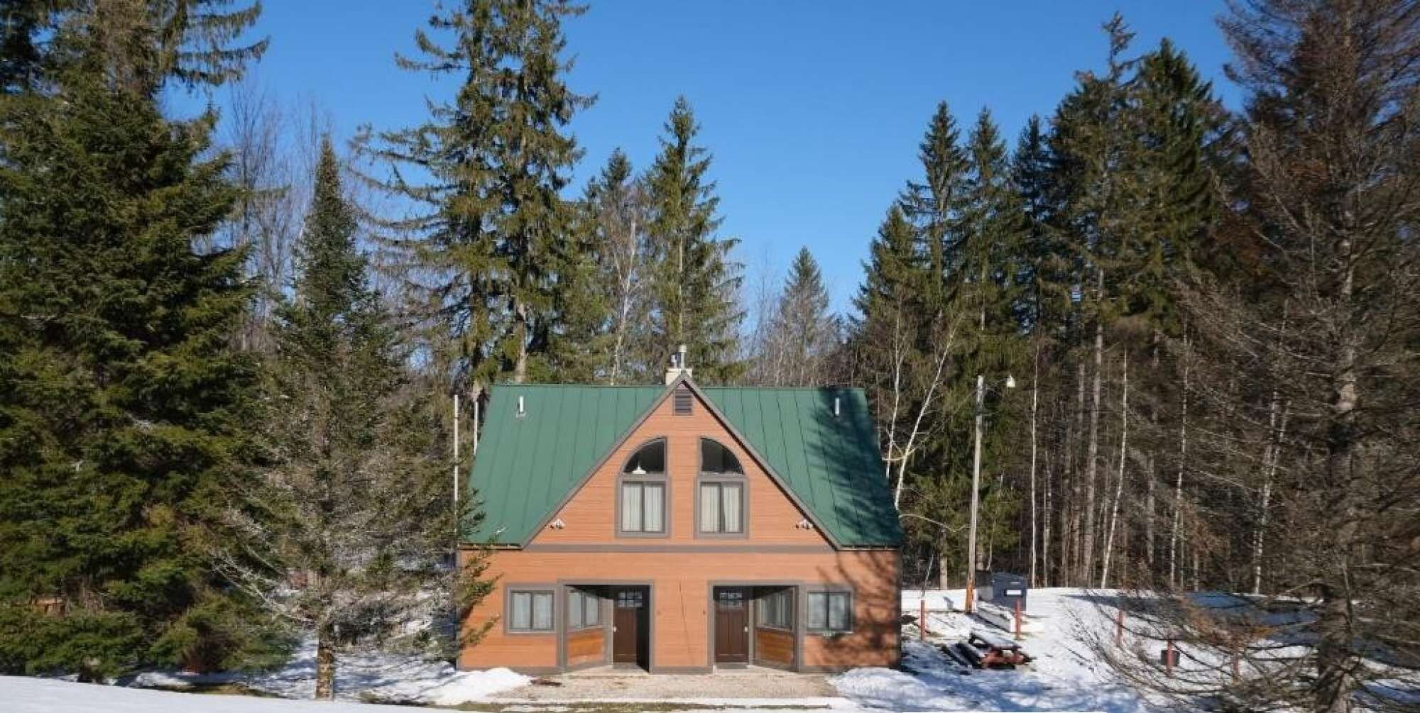 Une cabane surmontée d’un toit végétalisé, entourée d’arbres et de neige.