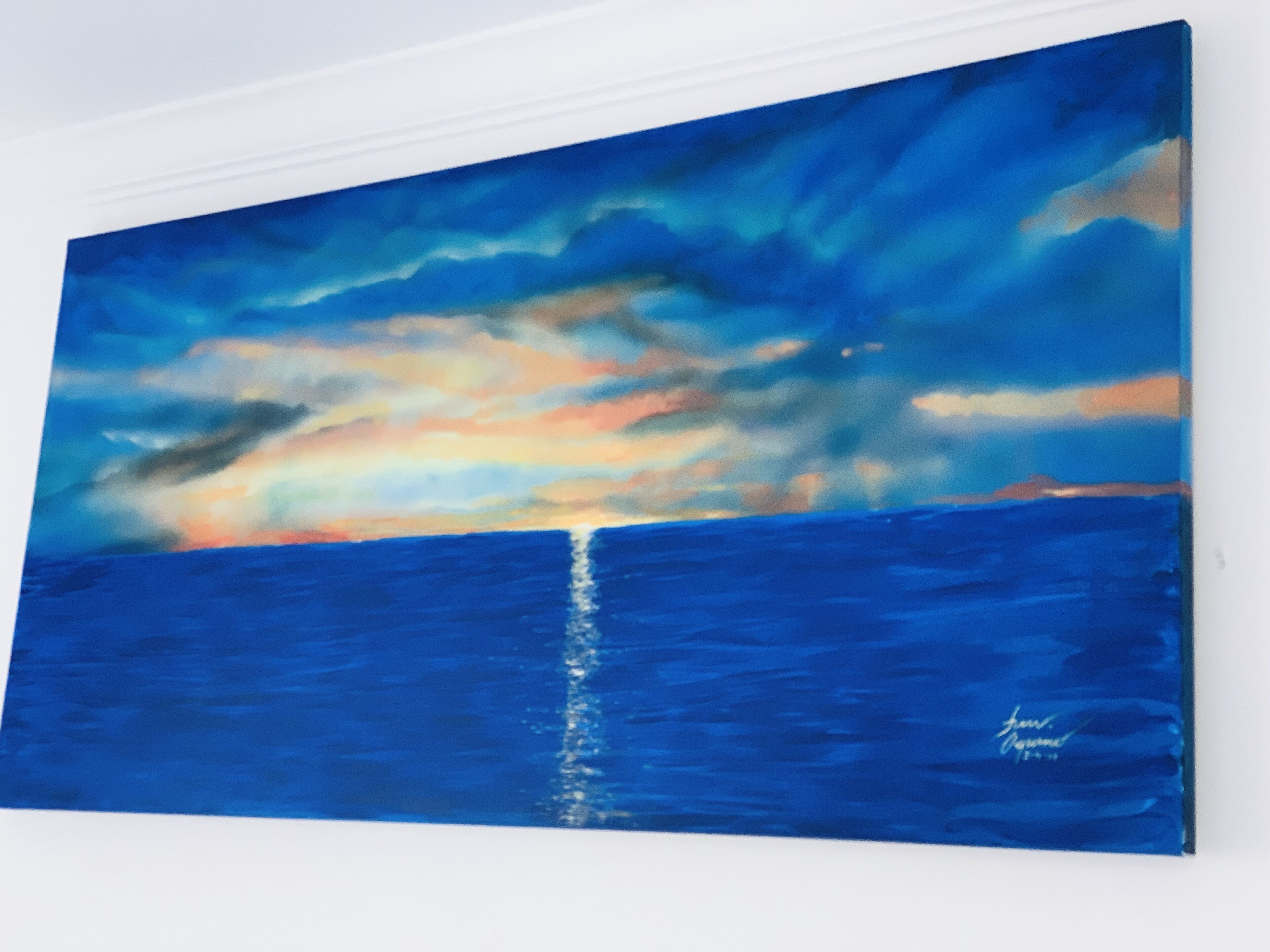A painting of a seascape with a horizon line and a signature in the bottom right corner.
