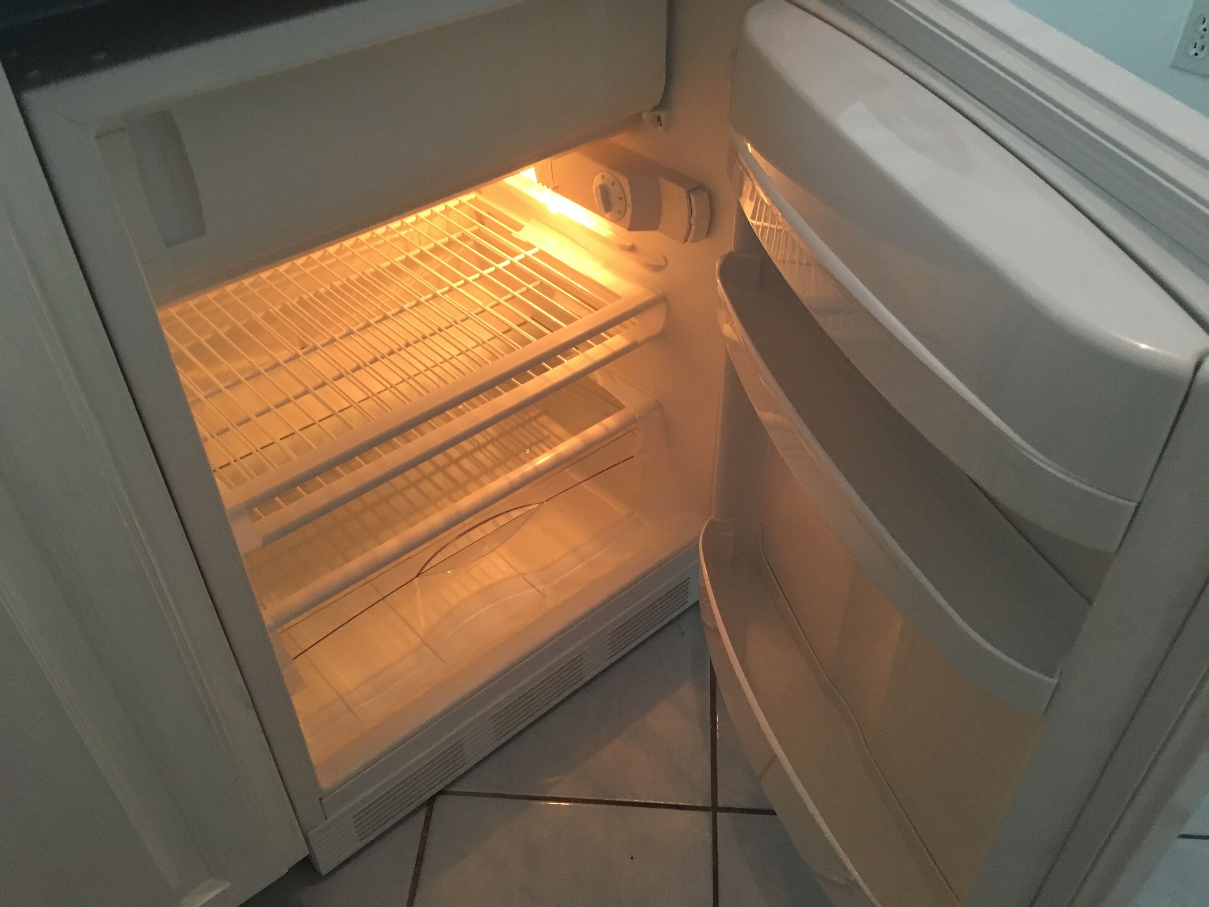 An open refrigerator with a visible interior shelf and a control panel on the right.