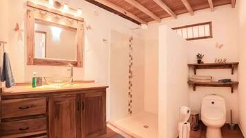 Shower, towels, soap, toilet paper