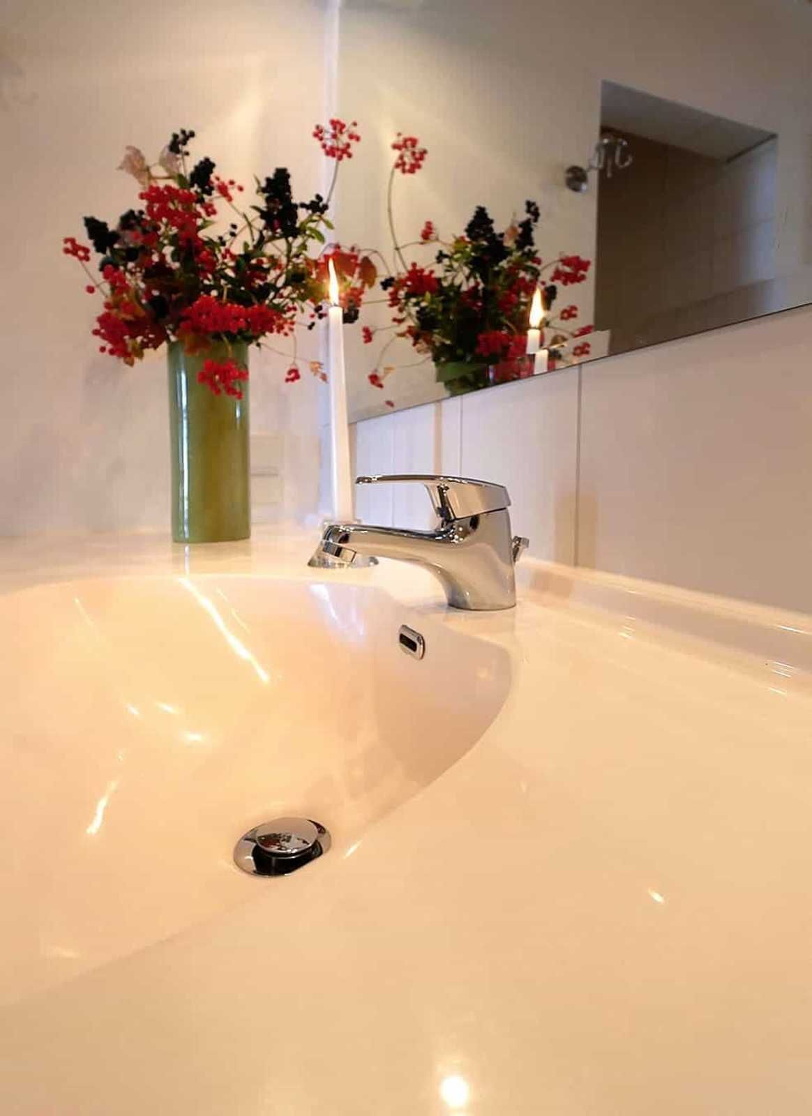 Une salle de bain avec un lavabo blanc, un robinet chromé et un vase rempli de fleurs rouges et noires, placé sur le mur.