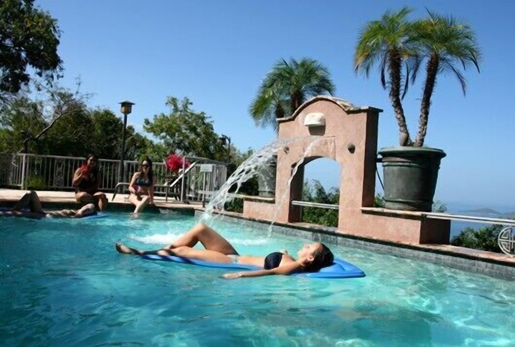 Un área de piscina con fuente de agua, palmeras y cielo despejado.