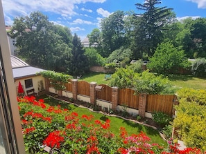 A residential backyard with a wooden fence, a small garden area with red flowers, and a view of a house in the background.