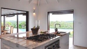 Une cuisine dotée d’un grand îlot central, d’une cuisinière à gaz et d’un évier. De grandes fenêtres offrent une vue sur un paysage luxuriant.