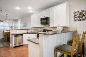 A modern kitchen with white cabinets, a built-in microwave, and a granite countertop.