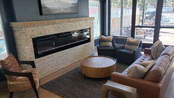 Smart TV, fireplace, video games, DVD player